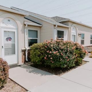 A charming residential building surrounded by blooming shrubs.