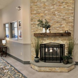 A cozy living room with a stone fireplace and decorative plants.