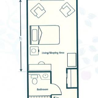 Floor plan of a studio apartment with designated living/sleeping area and bathroom.