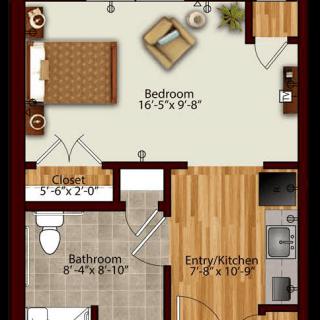 A simple floor plan of a one-bedroom apartment with designated areas for the bedroom, bathroom, and entry/kitchen.