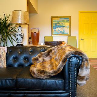 A cozy living room with a black leather sofa adorned with a fur throw, complemented by eclectic decor and a vibrant yellow door.