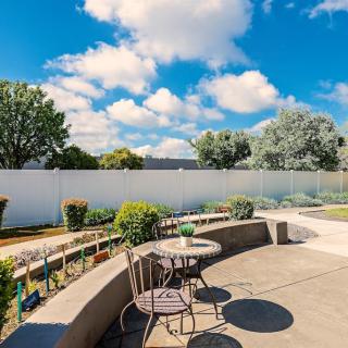 A sunny outdoor patio with chairs and a table, set against a garden backdrop.
