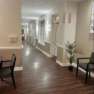 A well-lit hallway with wooden flooring, featuring chairs and potted plants along the walls.
