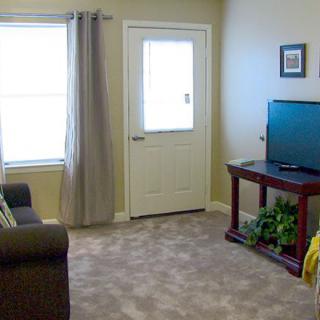 A cozy living room with a sofa, television, and a carpeted floor.