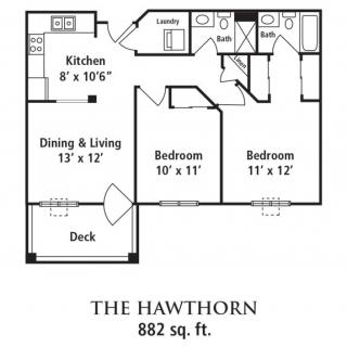 The floor plan of 'The Hawthorn,' an 882 square foot two-bedroom apartment.