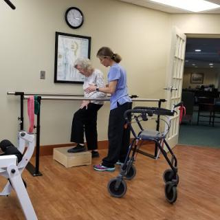 A physical therapist assists an elderly patient during a rehabilitation exercise in a therapy room.