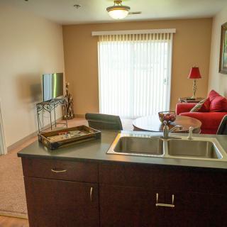 A modern apartment interior featuring an open-plan living room and kitchen with a red couch, television, and dual-basin sink.