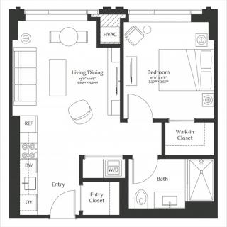 Floor plan of a one-bedroom apartment with living/dining area, kitchen, and bathroom.