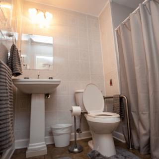 A well-lit bathroom featuring a toilet, pedestal sink, and a shower with a curtain.