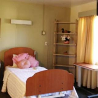 A cozy bedroom with a single bed and a pink stuffed animal, accompanied by a shelf and window with curtains.