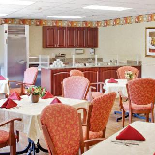 Elegant dining area with neatly arranged tables and chairs, featuring a kitchen section in the background.