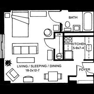 Floor plan of a studio apartment with combined living, sleeping, and dining areas.