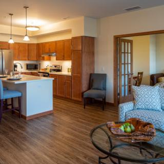 A cozy and modern open-concept kitchen and living area, featuring stylish wooden cabinetry and inviting furniture.