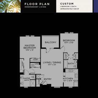 A detailed floor plan of a two-bedroom apartment with a balcony.