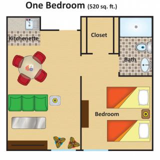 A floor plan of a one-bedroom apartment measuring 520 square feet, featuring a living room, kitchen, bathroom, and closet.