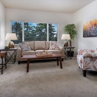 A cozy living room with a sofa, armchair, coffee table, and decorative elements.