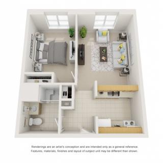 A 3D rendered floor plan of a one-bedroom apartment featuring an open living area, kitchen, and separate bathroom.