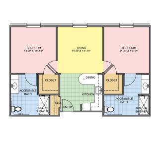 A floor plan of a two-bedroom apartment featuring two bathrooms, a kitchen, and a living area.