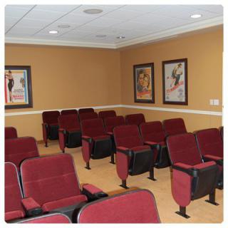 A small theater room with multiple rows of red chairs and framed posters on the walls.
