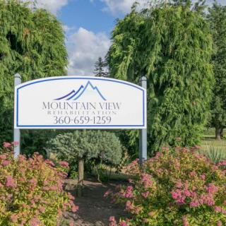 A landscaped garden featuring a business sign with trees and plants surrounding it.