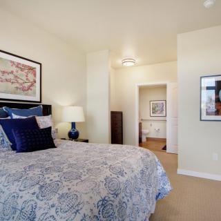 A cozy bedroom featuring a bed with patterned bedding, artwork on the walls, and a lamp on the nightstand.
