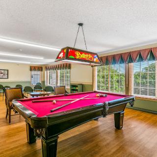 A well-lit game room featuring a vibrant pink pool table and comfortable seating, perfect for leisure and recreation.
