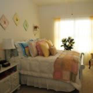 A cozy bedroom with a neatly made bed, colorful pillows, and soft lighting from a window.