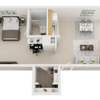 An overhead view of a modern bedroom with a workspace area, showcasing minimalist interior design.