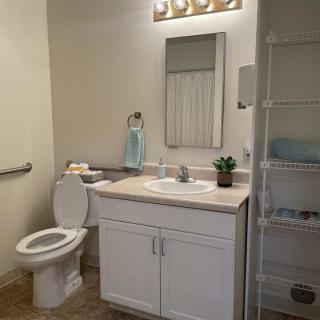 A well-organized bathroom with a toilet, sink, and mirror.