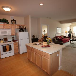 An open floor plan apartment with a kitchen and living room area, featuring modern furniture and decor.