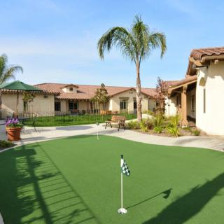 A sunny residential area with a small putting green and palm trees.
