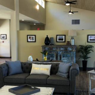 A stylish living room with modern decor and comfortable seating.
