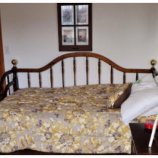 A cozy daybed with a floral quilt and pillow near a window.