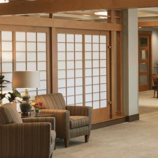 A modern waiting area with comfortable seating and stylish decor.
