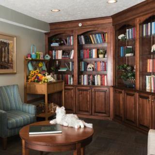 A cozy library corner with wooden bookshelves, comfortable seating, and a cat lounging on the table.