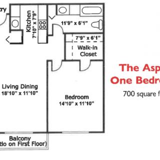 The Aspen One Bedroom Apartment Floor Plan with a total area of 700 square feet.