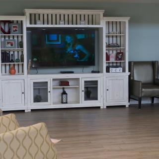 A cozy living room featuring a large entertainment center with a television and built-in bookshelves.