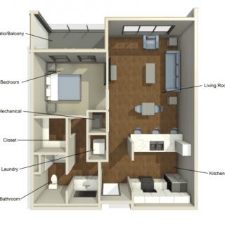 This is a floor plan of an apartment featuring a living room, kitchen, bedroom, bathroom, and laundry area.