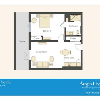 A floor plan of a one-bedroom apartment with a living room, kitchen, bathroom, and balcony.