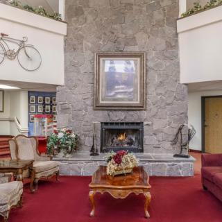 A cozy living room featuring a stone fireplace, elegant furniture, and unique bicycle decor on the wall.