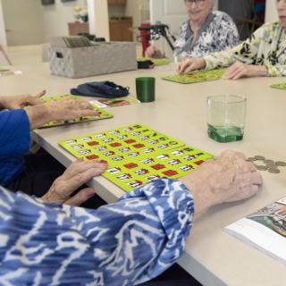 A group of seniors enjoying a game of bingo at a table.