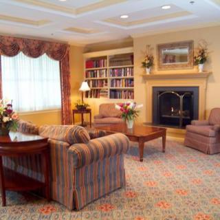 A cozy living room with a fireplace and bookshelves.