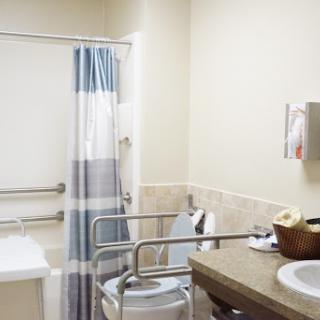 A well-equipped bathroom featuring accessibility features such as handrails and a shower.