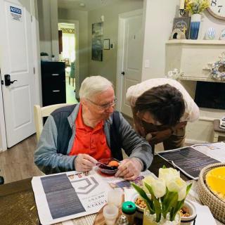 Two people interacting at a dining table in a home setting.