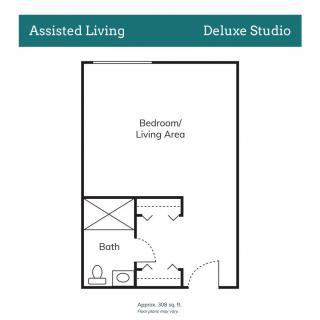 Floor plan of an assisted living deluxe studio apartment.