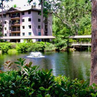 A serene view of a building surrounded by lush greenery and a pond with a fountain.