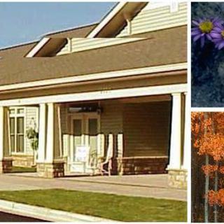 A building with a porch alongside images of flowers and autumn trees.