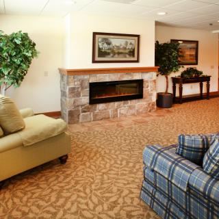 A cozy living room with a fireplace, comfortable seating, and decorative plants.
