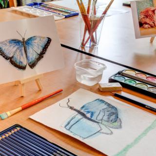 A creative workspace featuring watercolor art supplies and butterfly artwork.