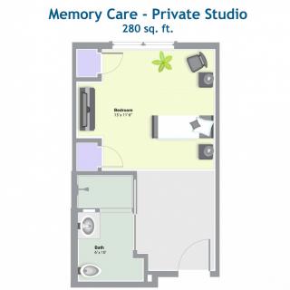 Floor plan of a memory care private studio, measuring 280 square feet.